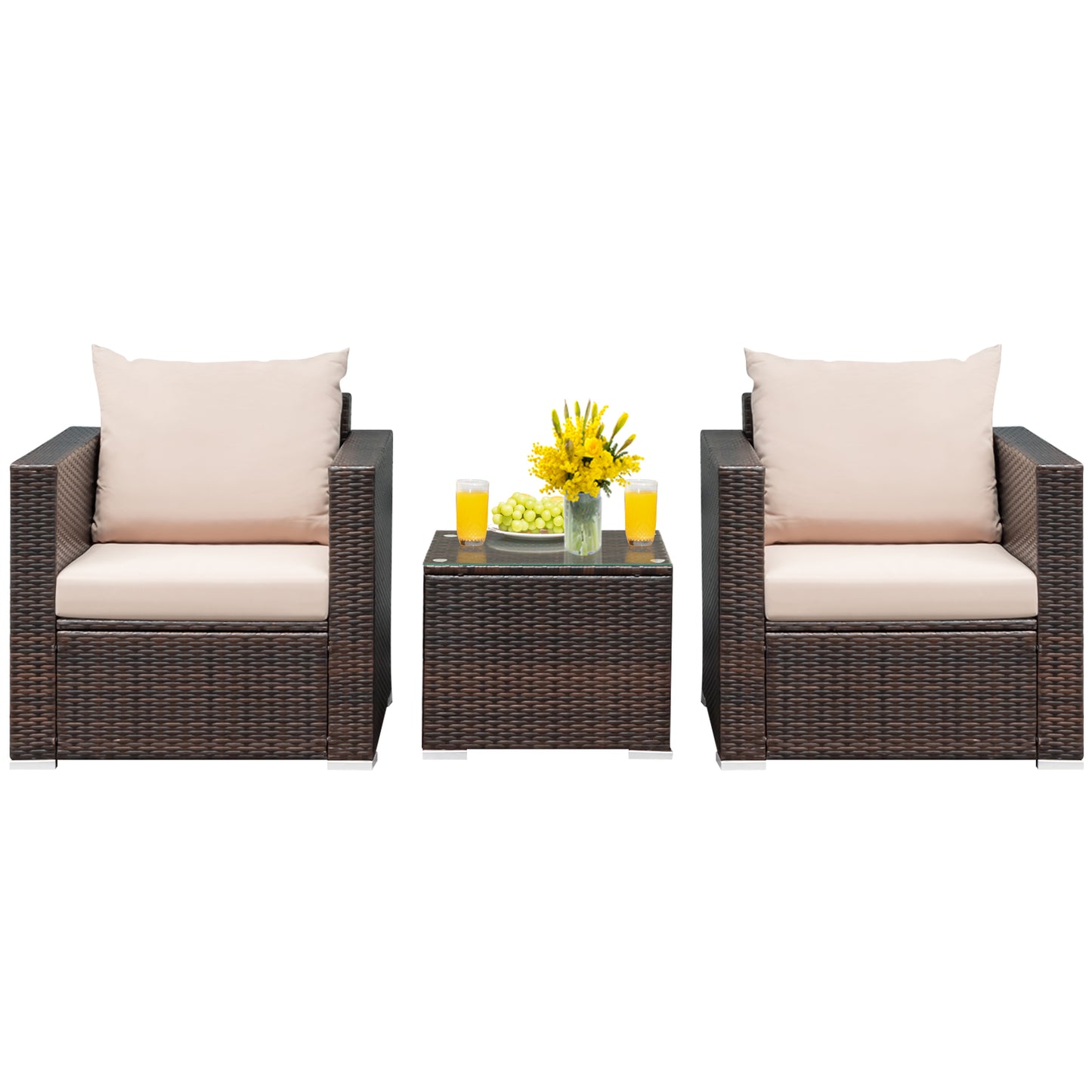 Patiojoy 3PCS Patio Rattan Furniture Set with 2 Cushioned Sofas & Coffee Table for Outdoor Red/Turquoise/Black/Navy/Brown