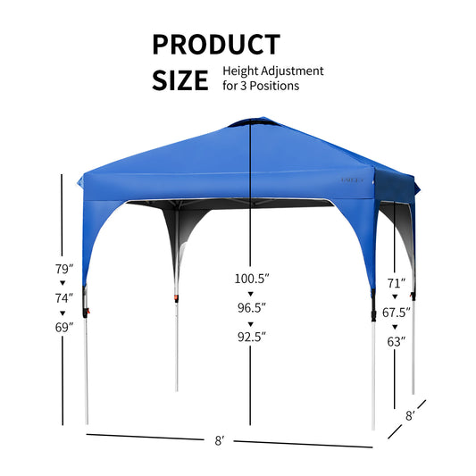 Patiojoy Pop-up Canopy Tent 8' x 8' Height Adjustable Commercial Instant Canopy w/ Portable Roller Bag Blue/Grey/White