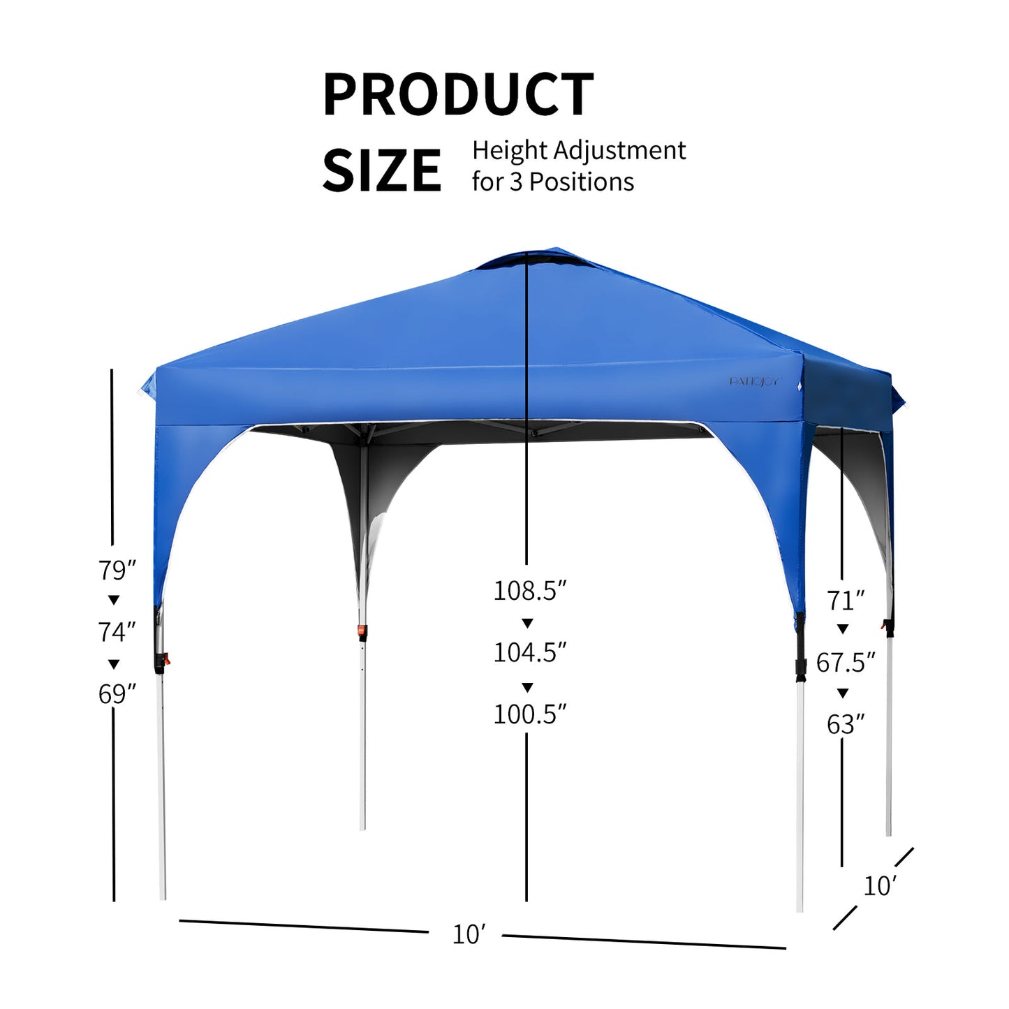 Patiojoy Pop-up Canopy Tent 10' x 10' Height Adjustable Commercial Instant Canopy w/ Portable Roller Bag Blue/Gray/White