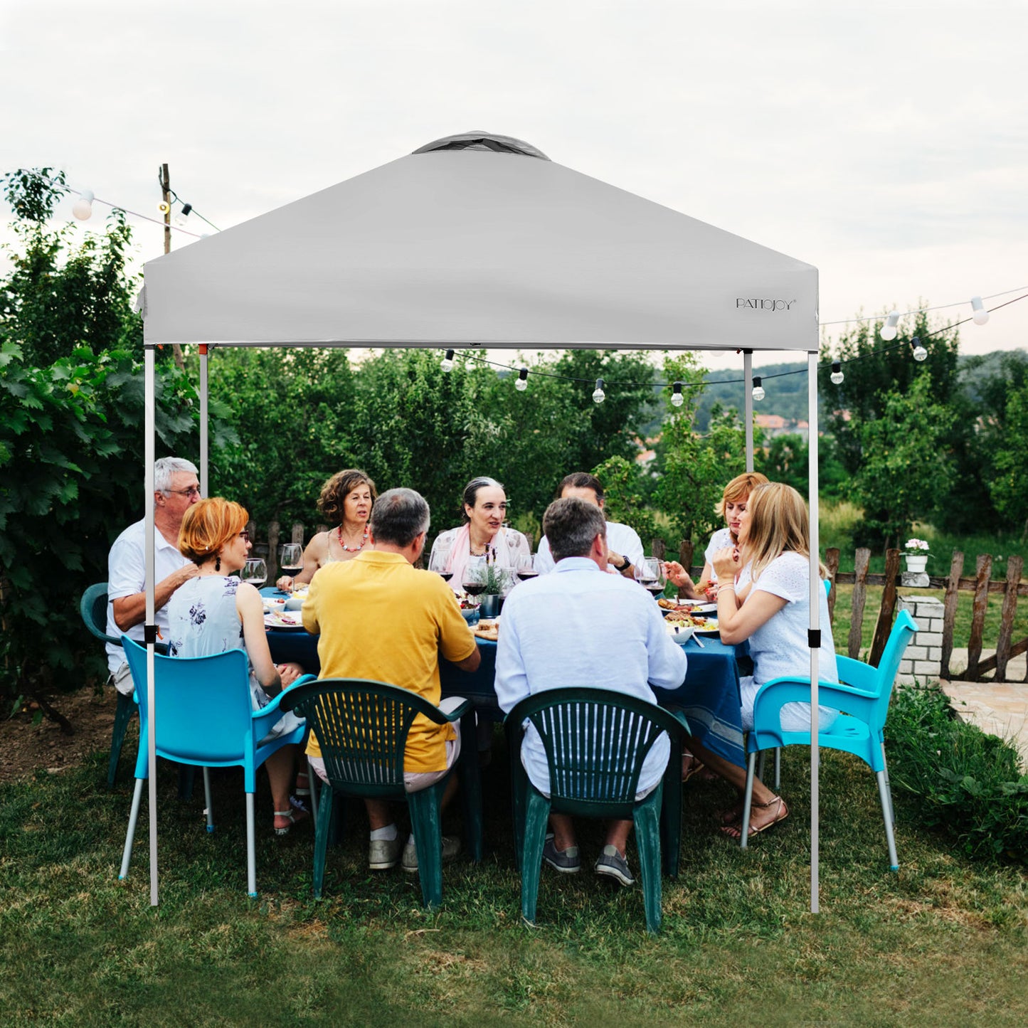 Patiojoy 6.6' x 6.6' Pop-up Canopy Tent Outdoor Camping Sun Shelter w/ Portable Roller Bag & 4 Weight Bags Blue/Grey/White