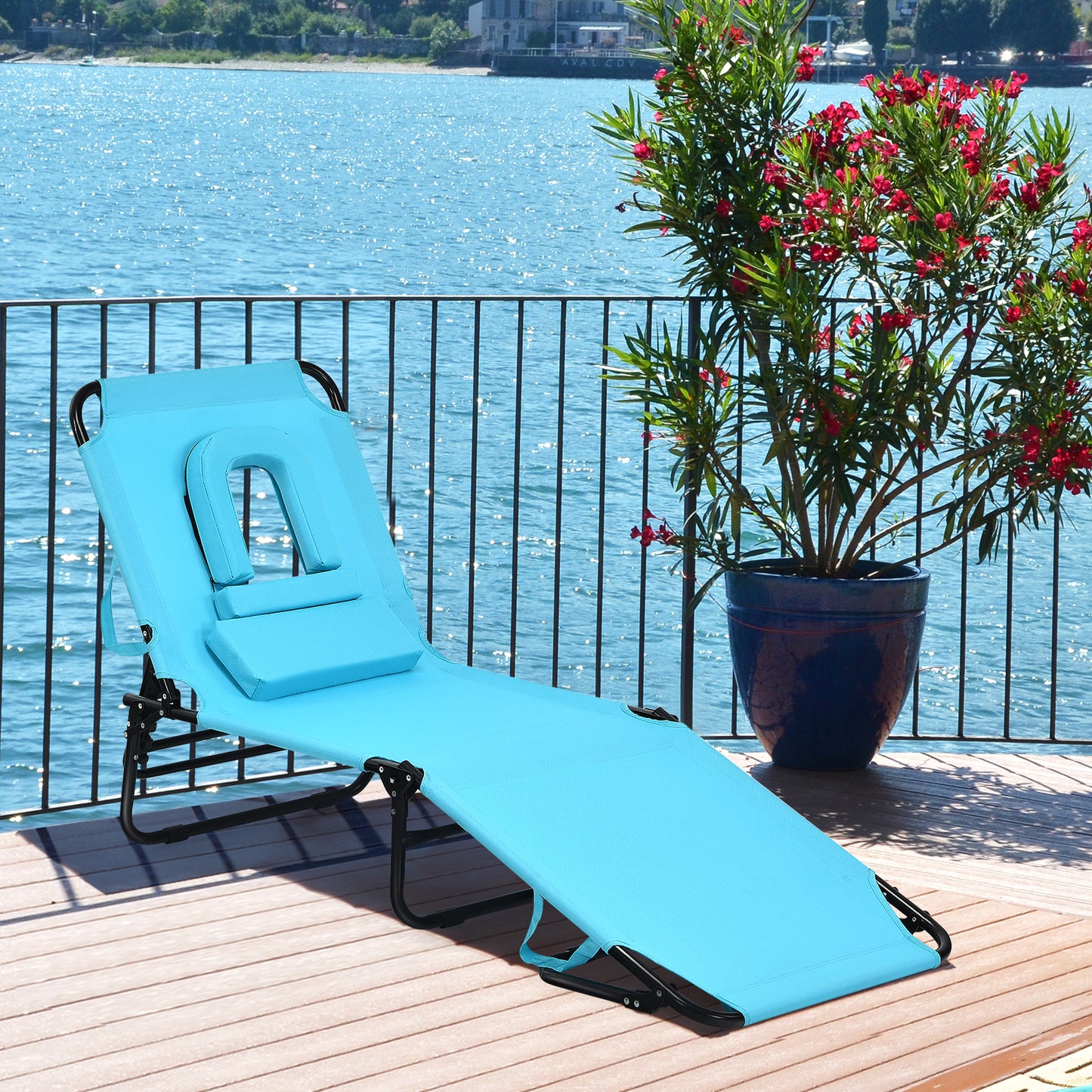 Patiojoy Outdoor Folding Beach Chaise Lounge Chair Adjustable Camping Recliner Blue/Turquoise/Beige