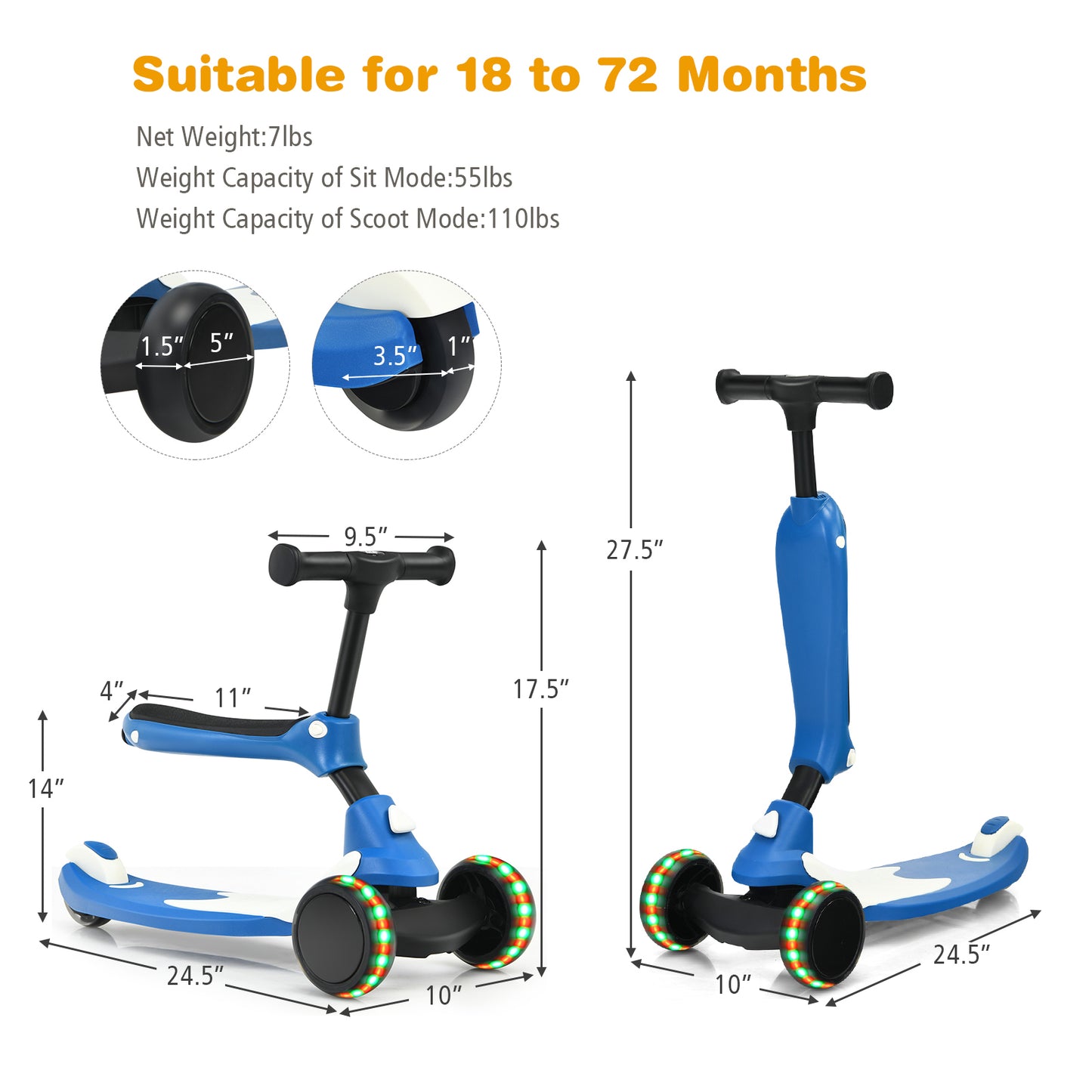 Topbuy 2 in 1 Kids Kick Scooter with Flash Wheels Gravity Steering System &  Removable Seat Suitable for Boys Girls Blue/Green/Purple