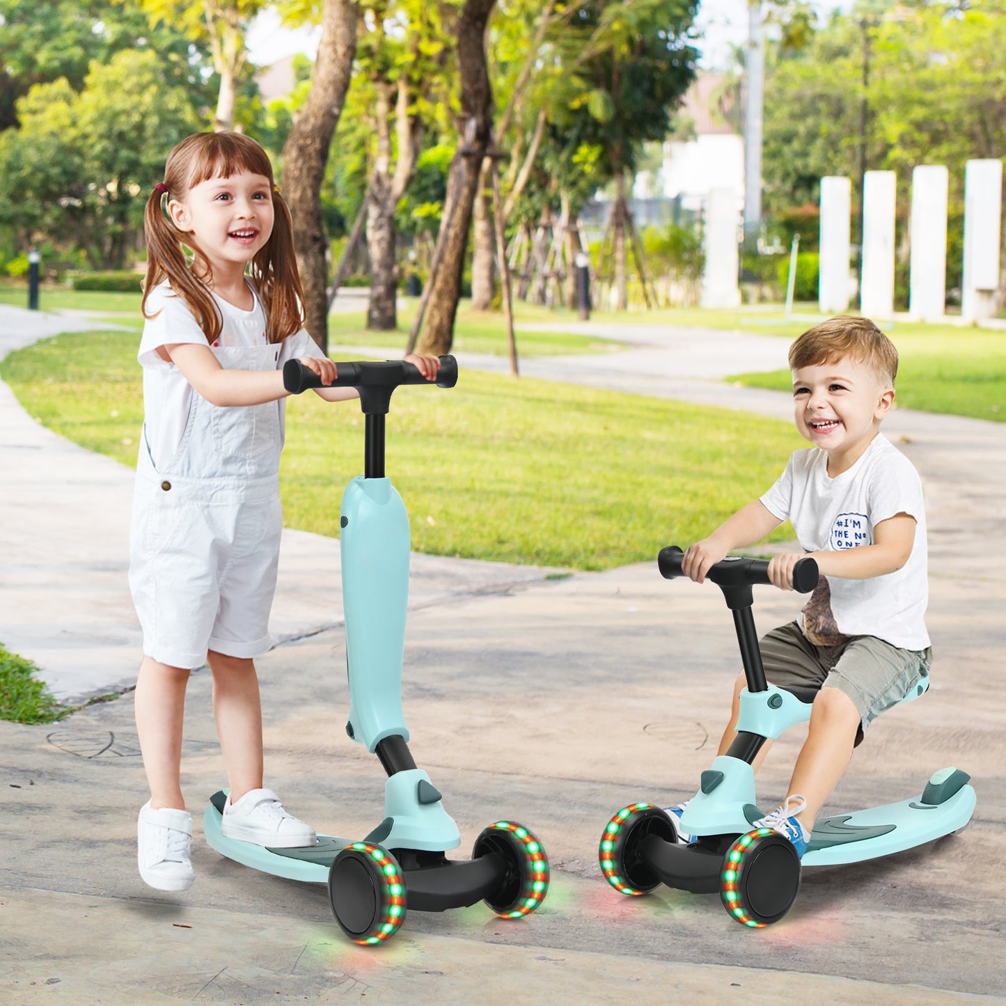 Topbuy 2 in 1 Kids Kick Scooter with Flash Wheels Gravity Steering System &  Removable Seat Suitable for Boys Girls Blue/Green/Purple