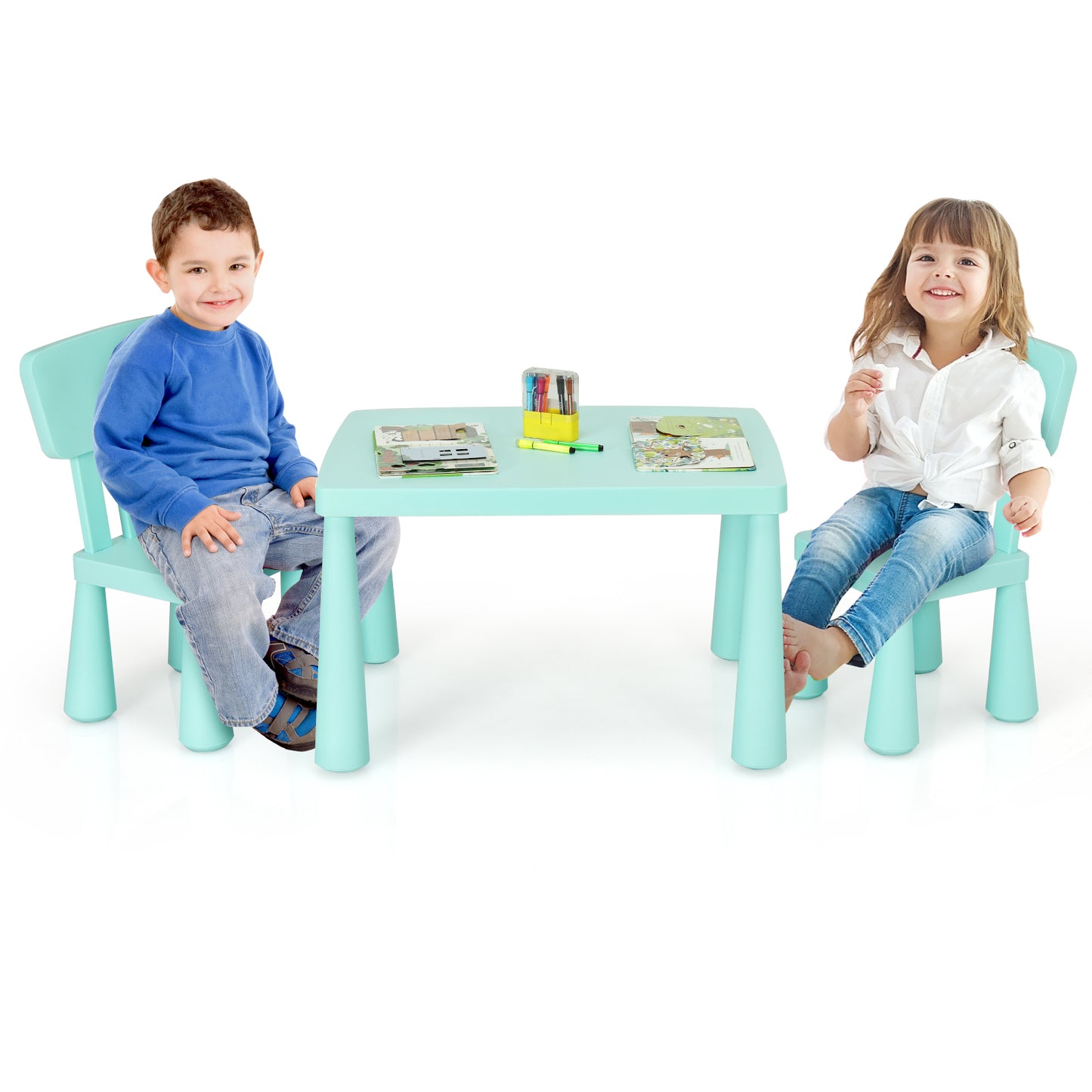 Topbuy Kids Furniture Set with Table & 2 Chairs Children Playing Table Ideal Gift for Kids Blue/Pink/White/Green