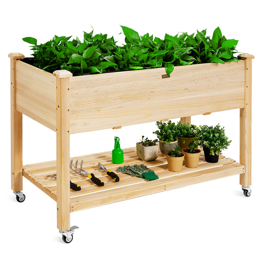 Topbuy Elevated Garden Bed Wood Planters with Storage Shelf Wheels & Liner Suitable for Vegetable Flower Herb