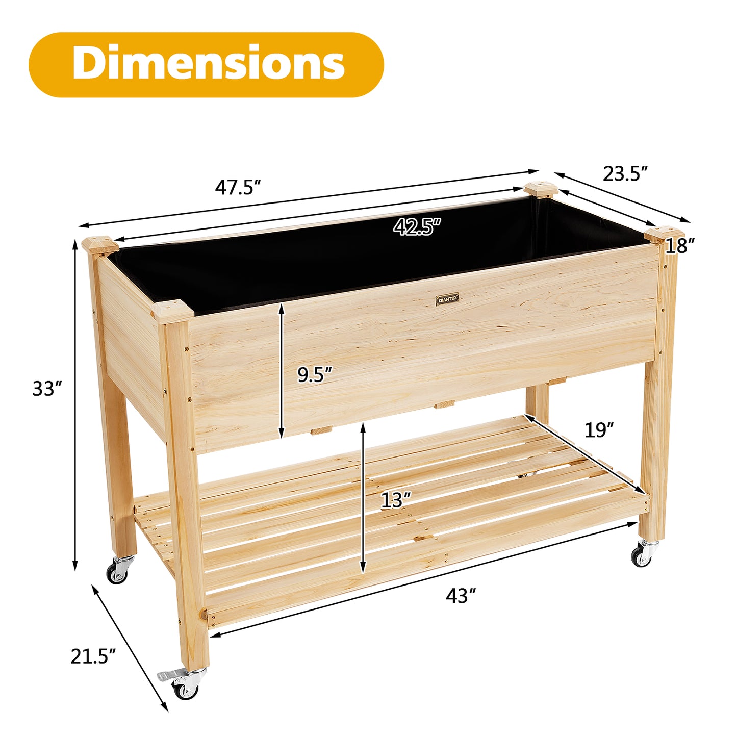 Topbuy Elevated Garden Bed Wood Planters with Storage Shelf Wheels & Liner Suitable for Vegetable Flower Herb