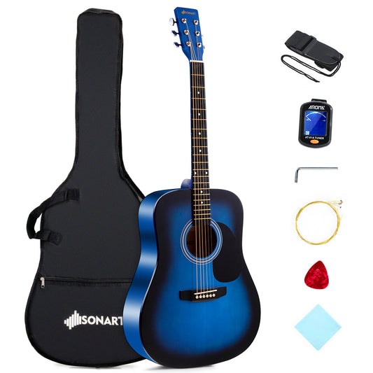 Topbuy 41'' Acoustic Folk Guitar w/Case Strap Tuner for Beginners Blue/Natural/Sunburst