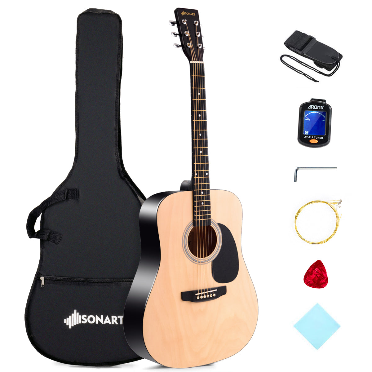 Topbuy 41'' Acoustic Folk Guitar w/Case Strap Tuner for Beginners Blue/Natural/Sunburst