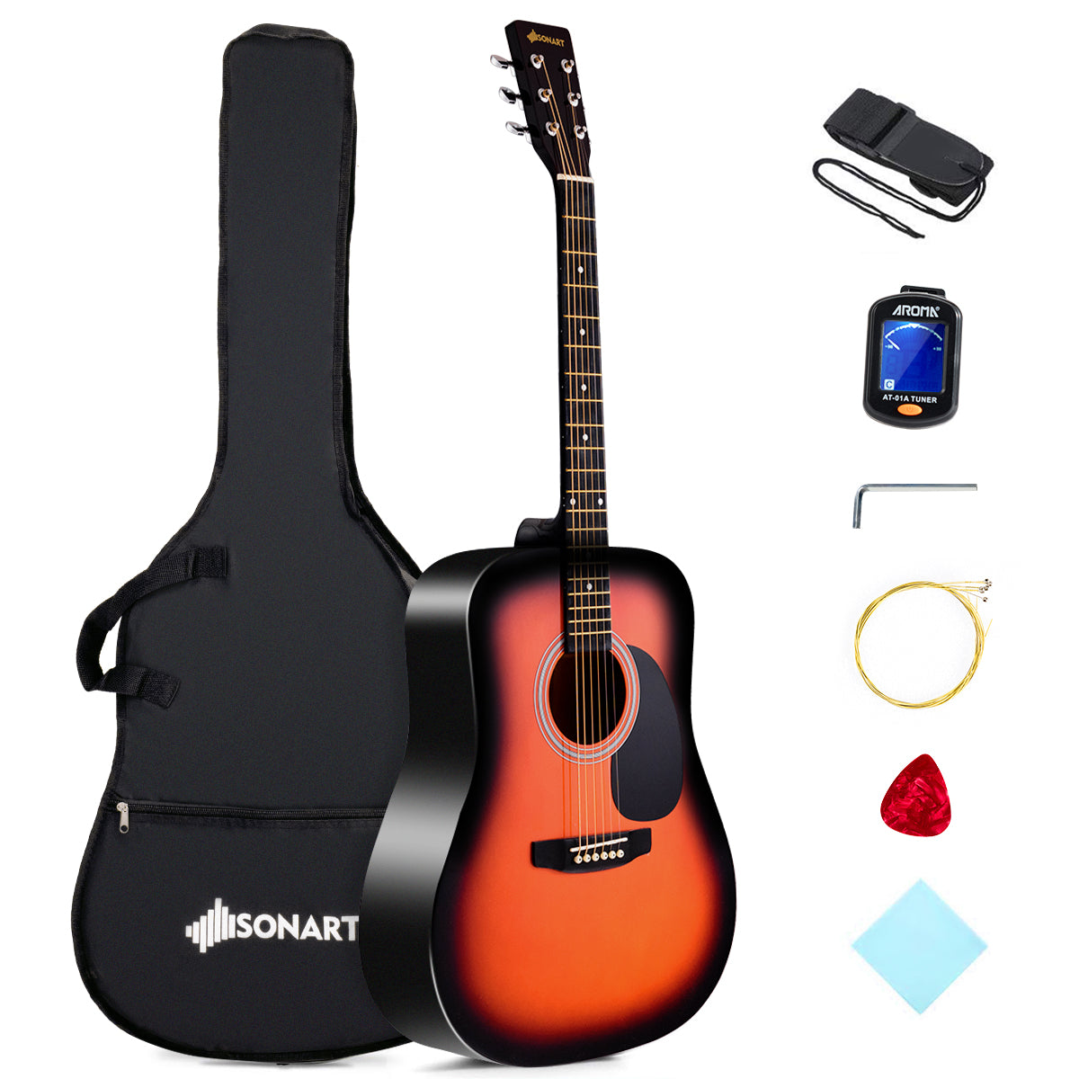 Topbuy 41'' Acoustic Folk Guitar w/Case Strap Tuner for Beginners Blue/Natural/Sunburst