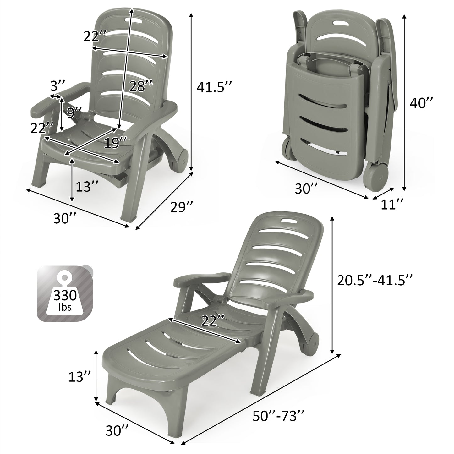 Patiojoy 2 PCS Patio Chaise Lounge Chair 5-Position Folding Recliner for Beach Poolside Backyard Brown/Turquoise/Gray/White