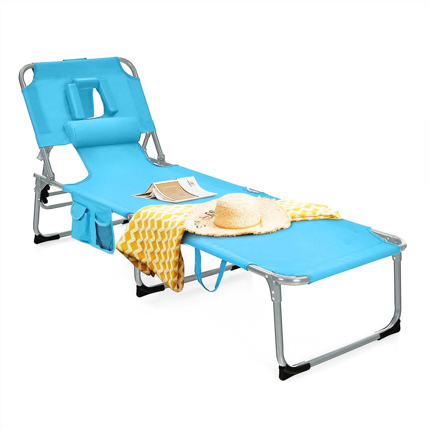 Patiojoy Beach Lounge Chair Reclining Chair with 5 Adjustable Positions Detachable Pillow &Hand Ropes Turquoise/Blue/Gray/Black/Pink/Beige