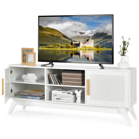 Topbuy TV Console Table with Storage for TV up to 65'' Wood Entertainment Center w/Rattan Cabinets for Living Room Bedroom White