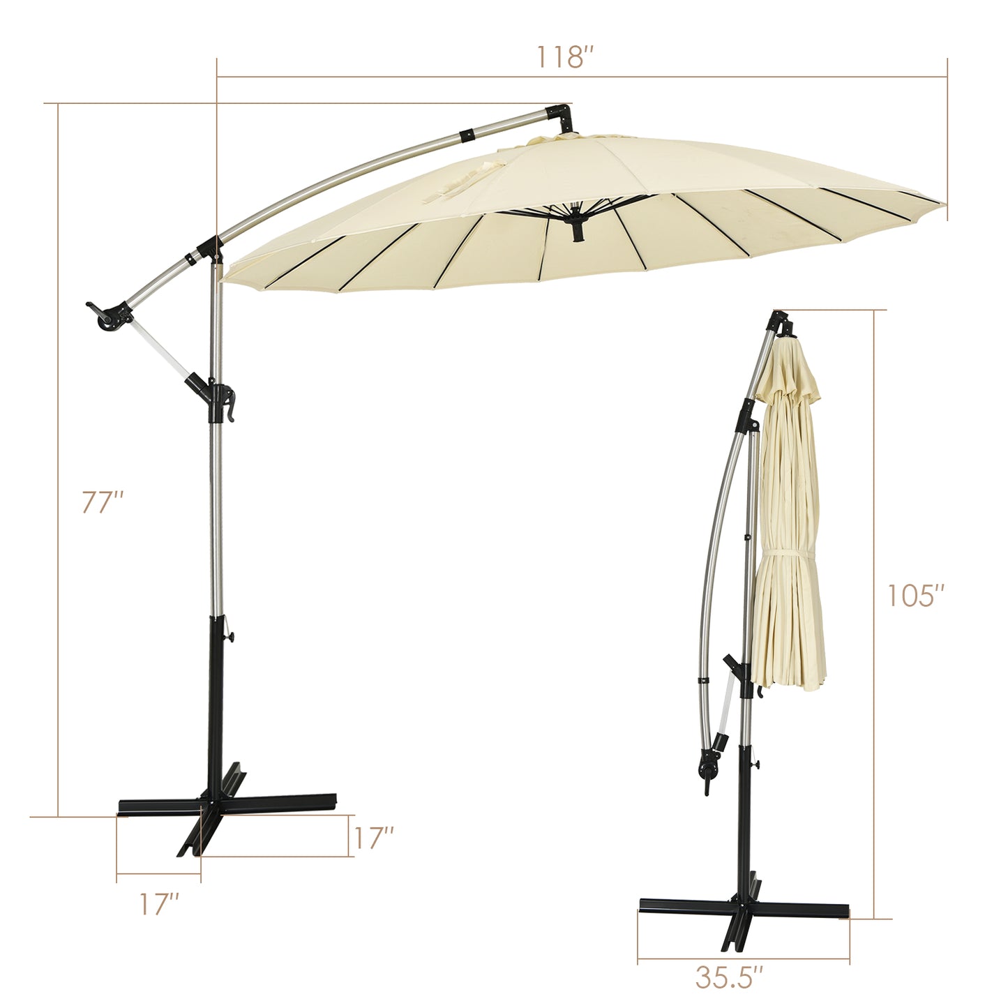 Patiojoy 10 FT Patio Offset Hanging Market Umbrella Cantilever Outdoor Umbrella w/Crank & Cross Base Beige/Burgundy/Tan