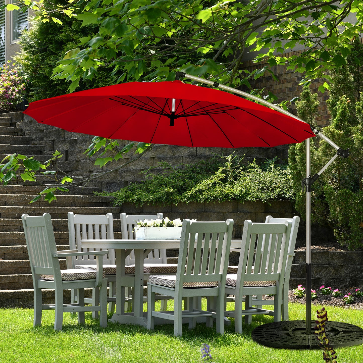 Patiojoy 10 FT Patio Offset Hanging Market Umbrella Cantilever Outdoor Umbrella w/Crank & Cross Base Beige/Burgundy/Tan