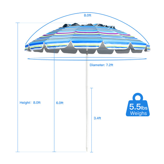 Patiojoy 8 FT Patio Beach Umbrella Sun Shelter w/Sand Anchor & Tilt Air Vent for Garden Beach Backyard Blue/Navy/Rainbow