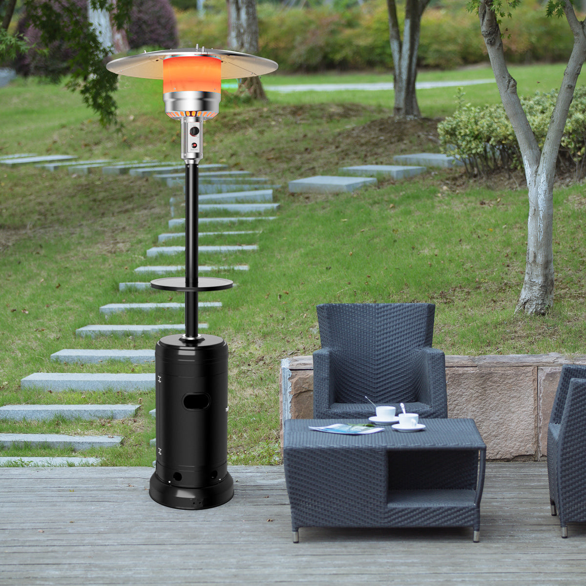 Patiojoy Patio Rolling Steel Heater Freestanding Outdoor Propane Heater w/Table Suitable for Garden Wedding & Party Silver/Black/Bronze/Gray