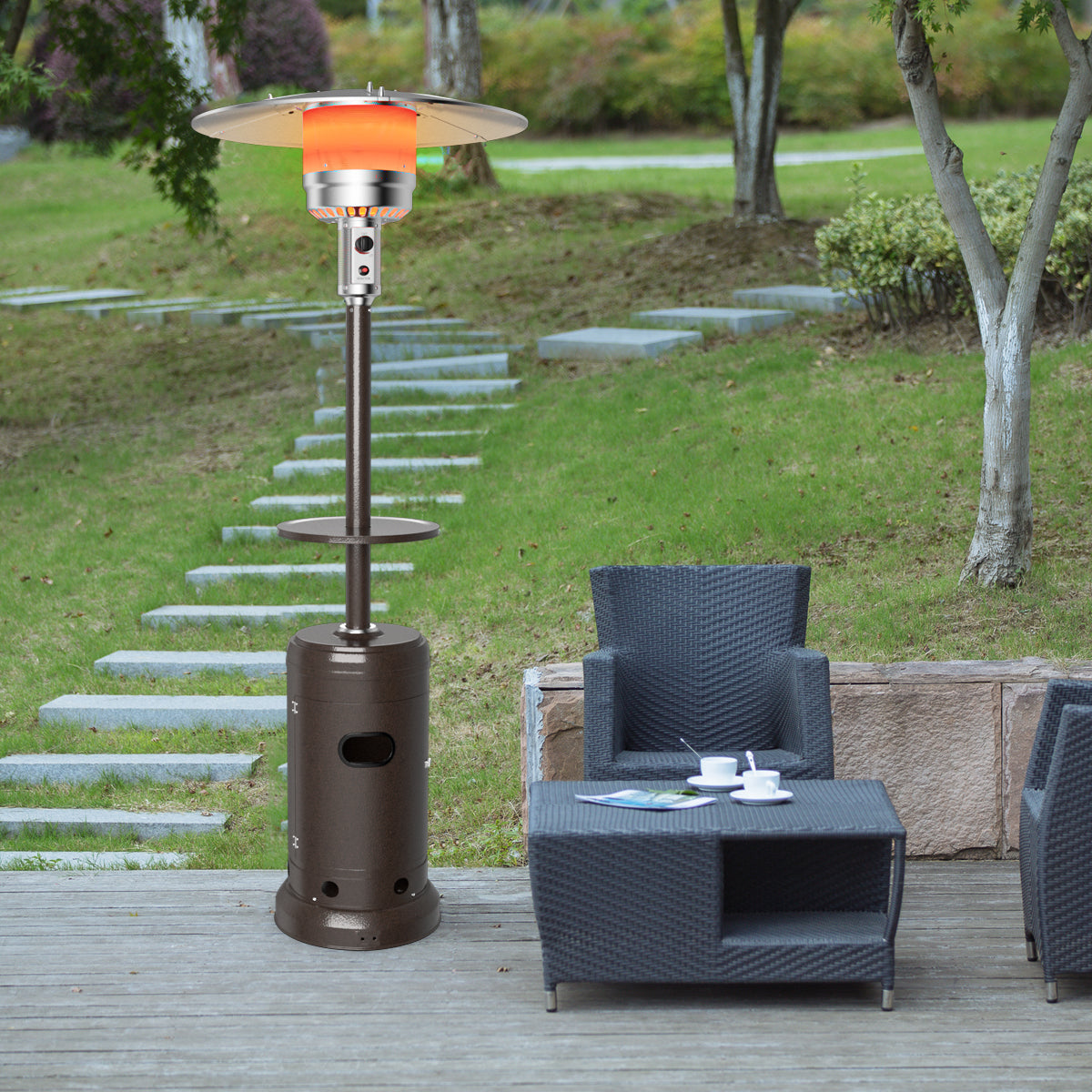 Patiojoy Patio Rolling Steel Heater Freestanding Outdoor Propane Heater w/Table Suitable for Garden Wedding & Party Silver/Black/Bronze/Gray