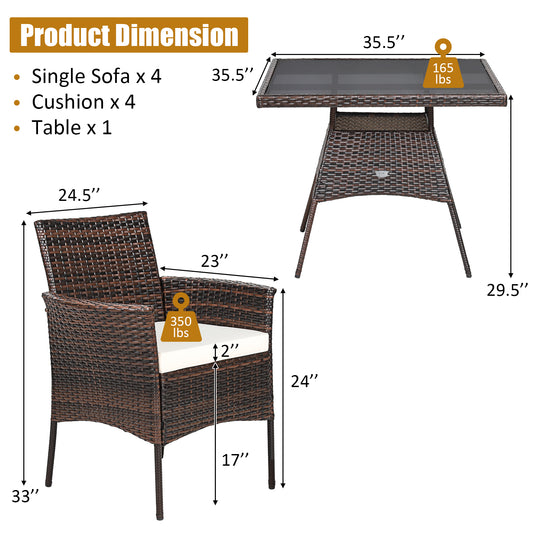 Patiojoy 5 PCS Outdoor Rattan Dining Set Patio Wicker Conversation Set w/Cushioned Chair & Glass Table