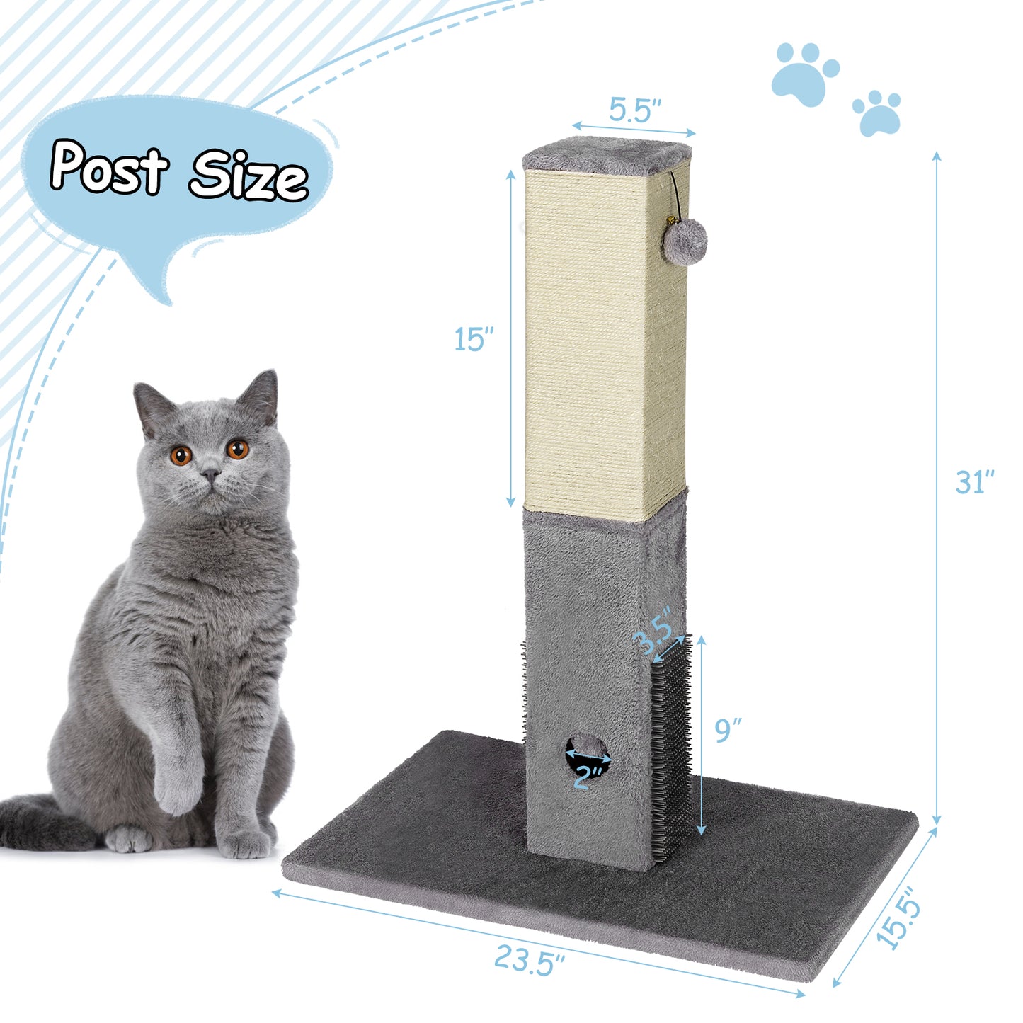 Topbuy 31'' Tall Cat Scratching Pole with Sisal Rope & 2 Balls Claw Scratcher for Most Cats