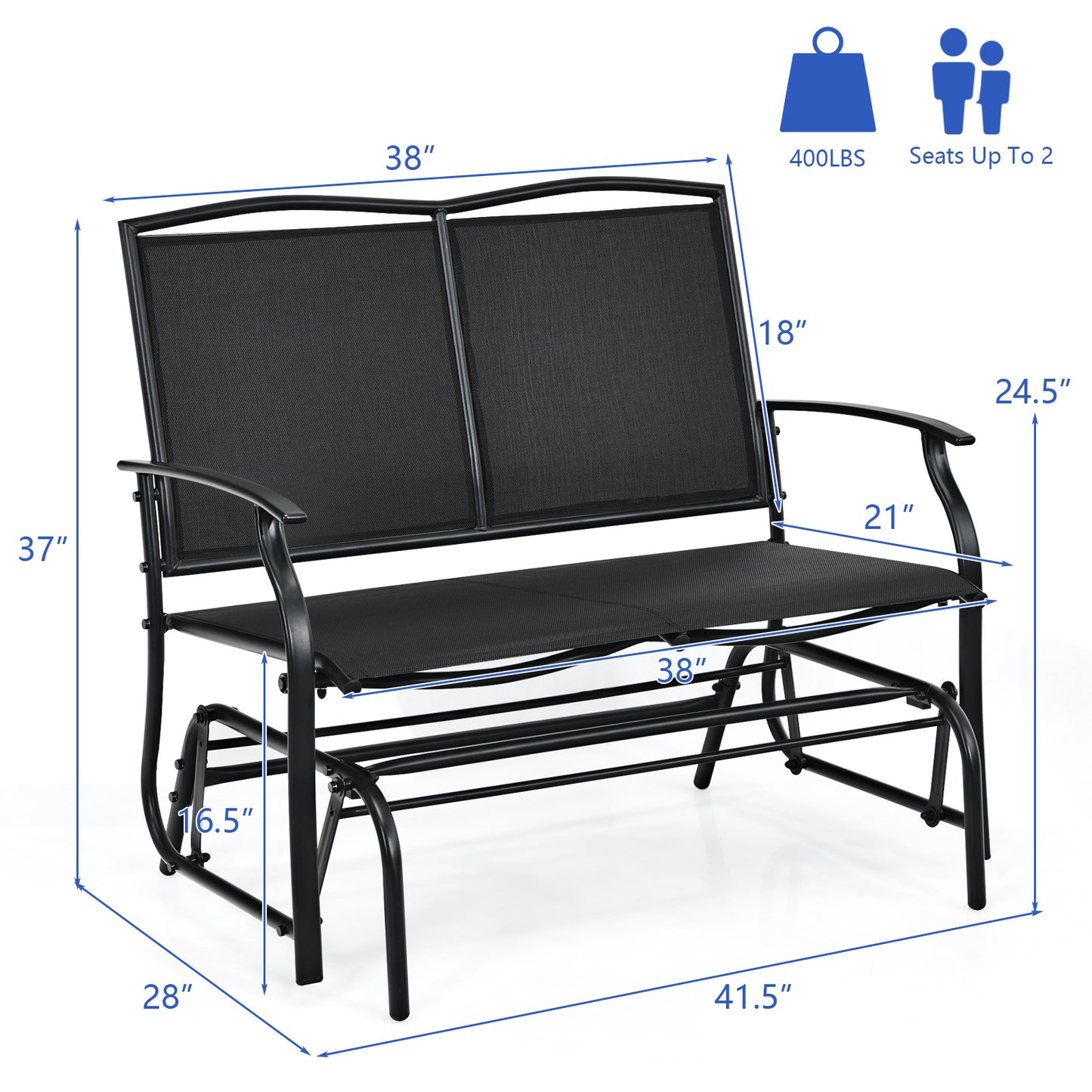 Patiojoy 2 Person Swing Glider Bench Patio Rocking Lounge Chair w/Steel Frame for Garden Backyard Balcony Black/Gray