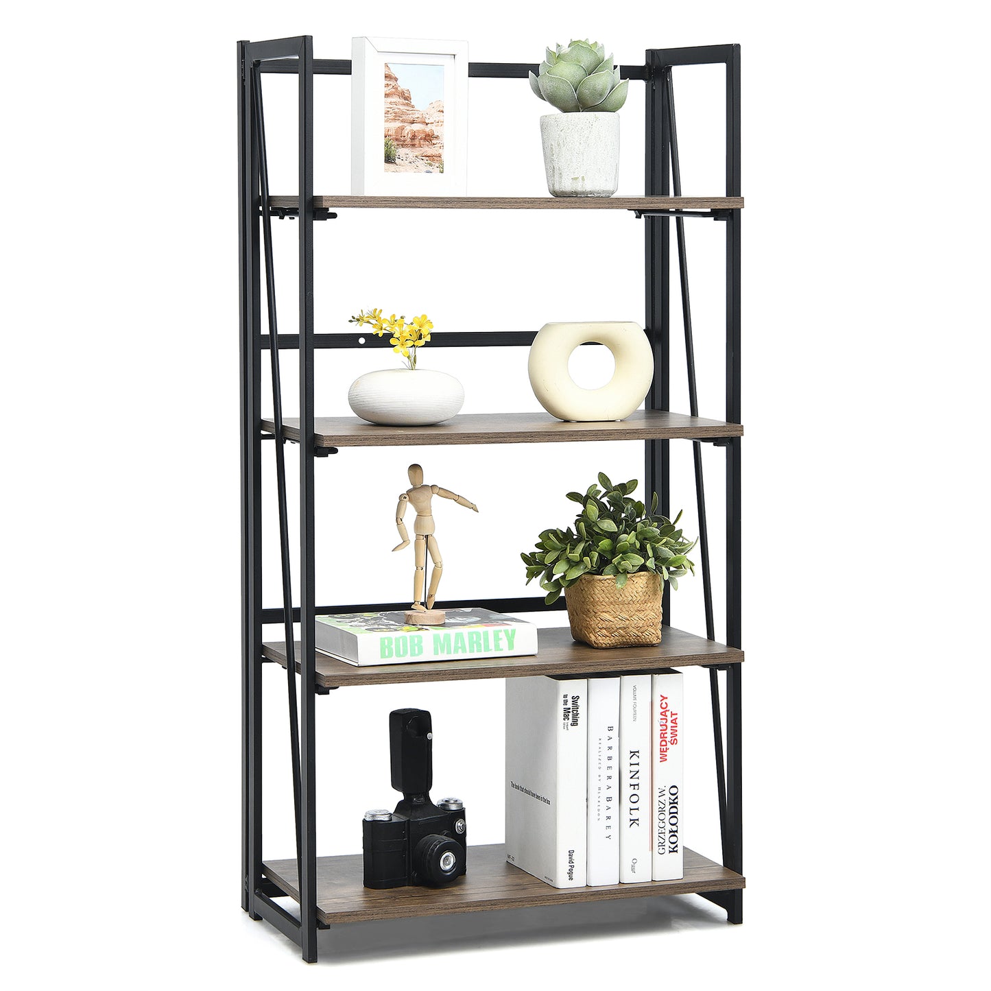 Topbuy 4 Tiers Folding Bookshelf Home Office Industrial Bookcase Standing Shelving Unit for Decorations & Storage