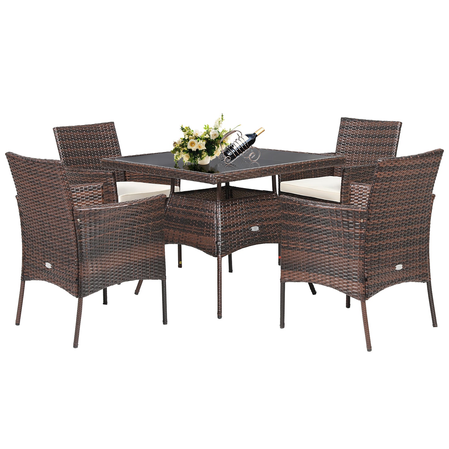 Patiojoy 5 PCS Outdoor Rattan Dining Set Patio Wicker Conversation Set Cushioned Armrest Chair & Glass Table