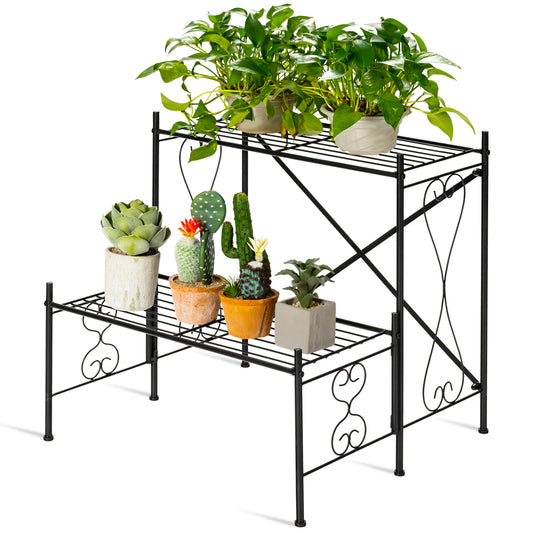 Topbuy 2-Tier Metal Plant Stand Flower Rack Pot Shelf Home Storage Organizer Black