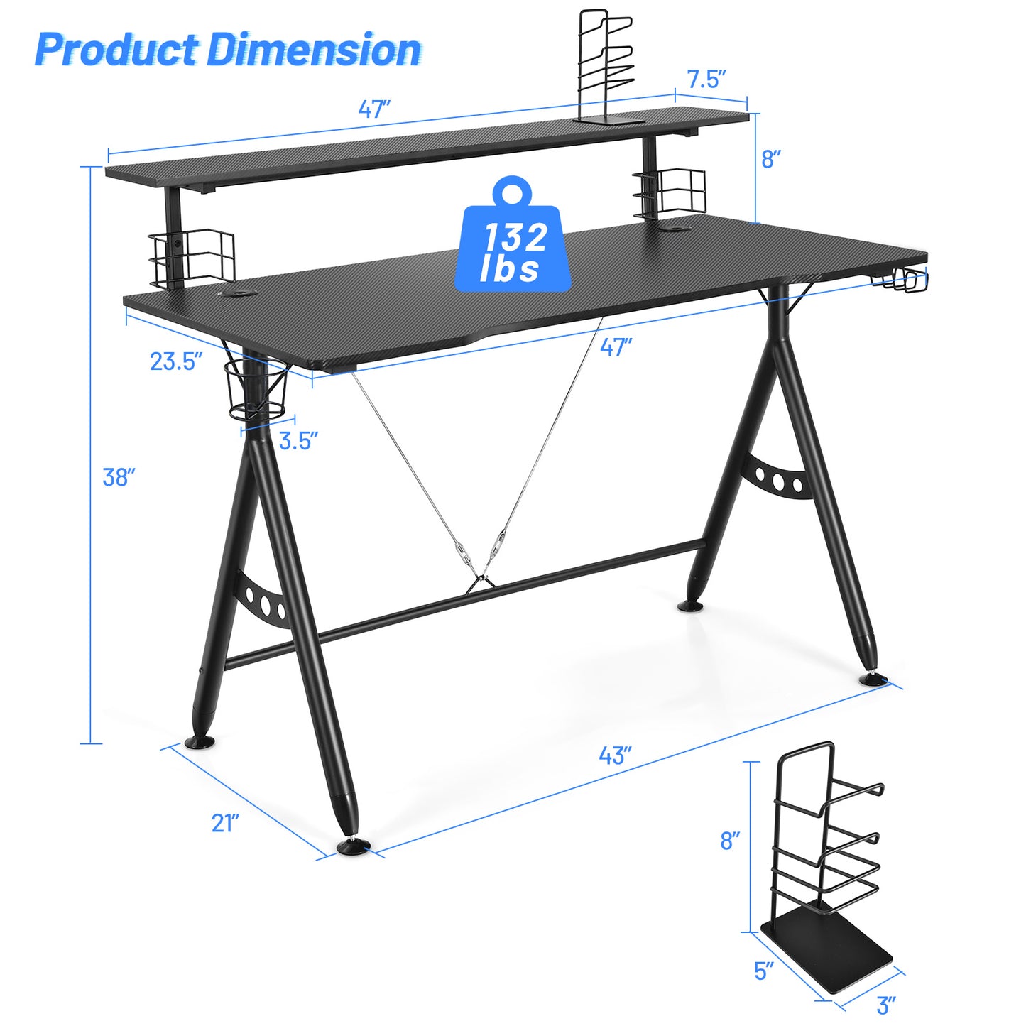 Topbuy Gaming Desk Dual Monitor Mount Ergonomic Y Shaped Computer Desk w/Cup Holder Headphone Hook