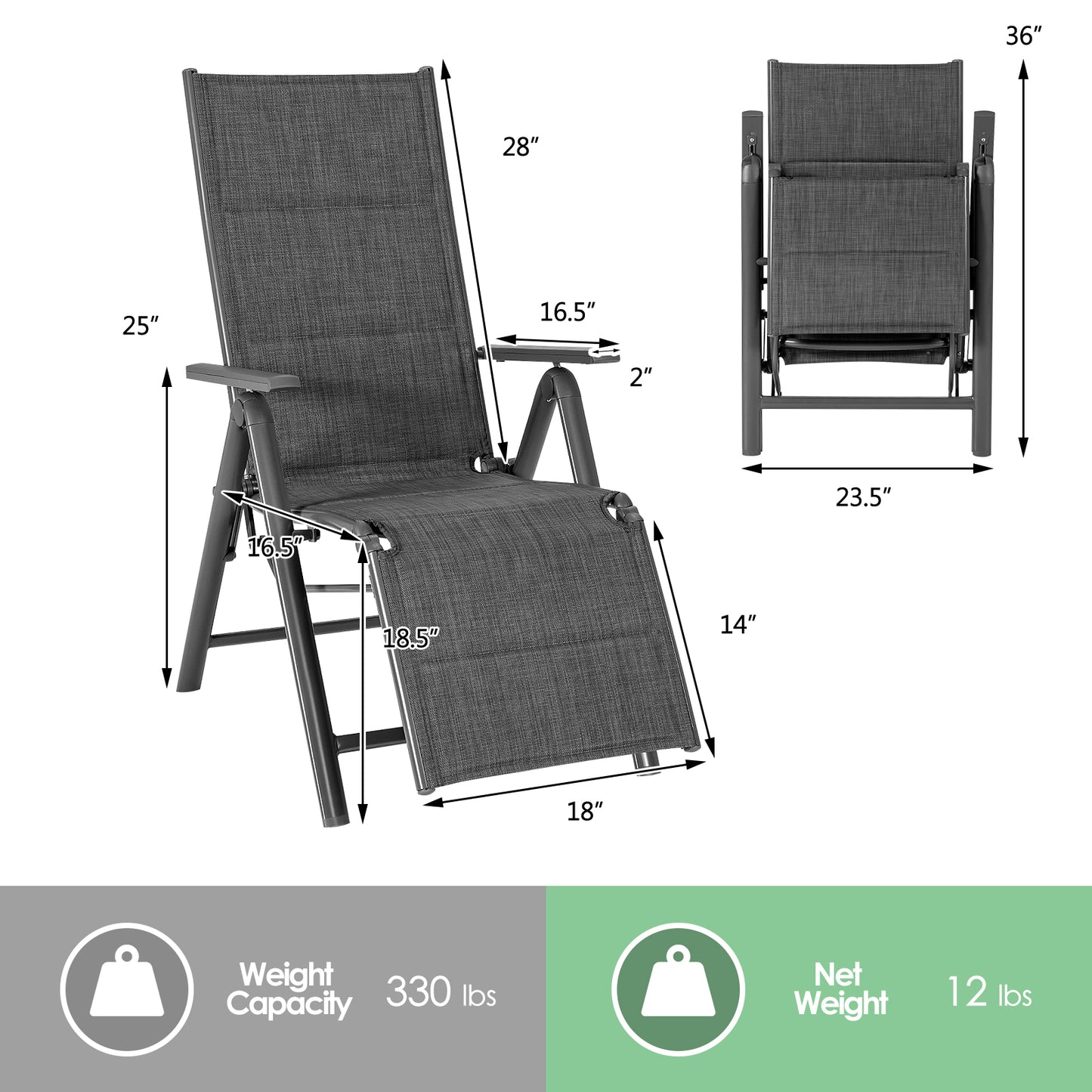 Patiojoy Outdoor Cotton-padded Lounge chair Portable Folding Lounge Chair w/7 Adjustable Positions