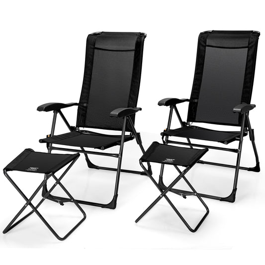 Patiojoy 4 PCS Outdoor Wicker Chaise Lounge Patio Lounge Chair Ottoman Set w/7-Gear Adjustable Backrest Black/Gray