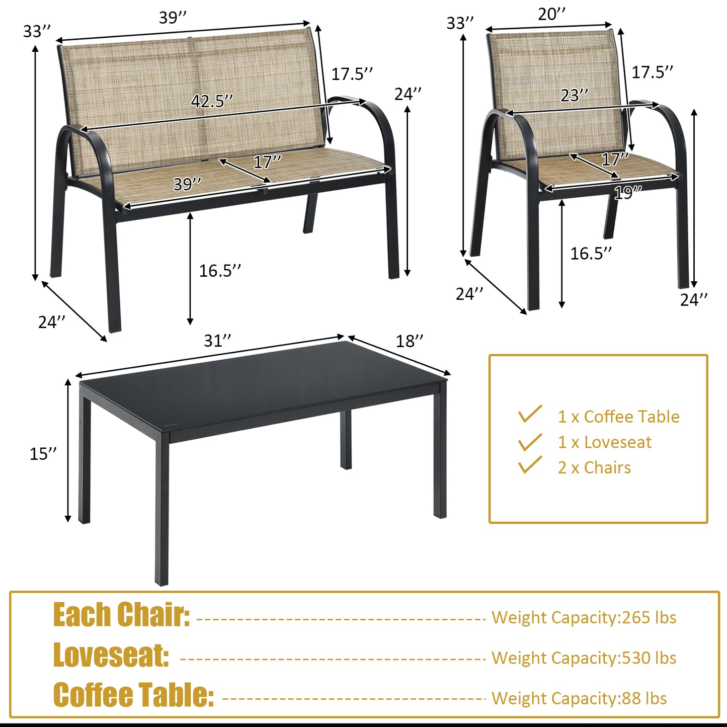 Patiojoy 4PCS Metal Coversation Set with Black Coffee Tbale Brown