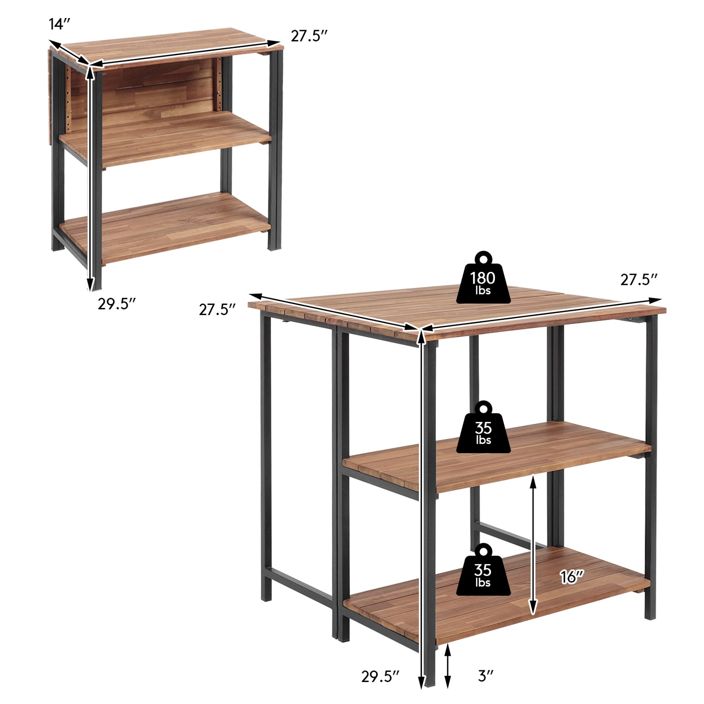 Patiojoy Folding Dining Table Acacia Wooden Storage Shelves for Indoor & Outdoor Use