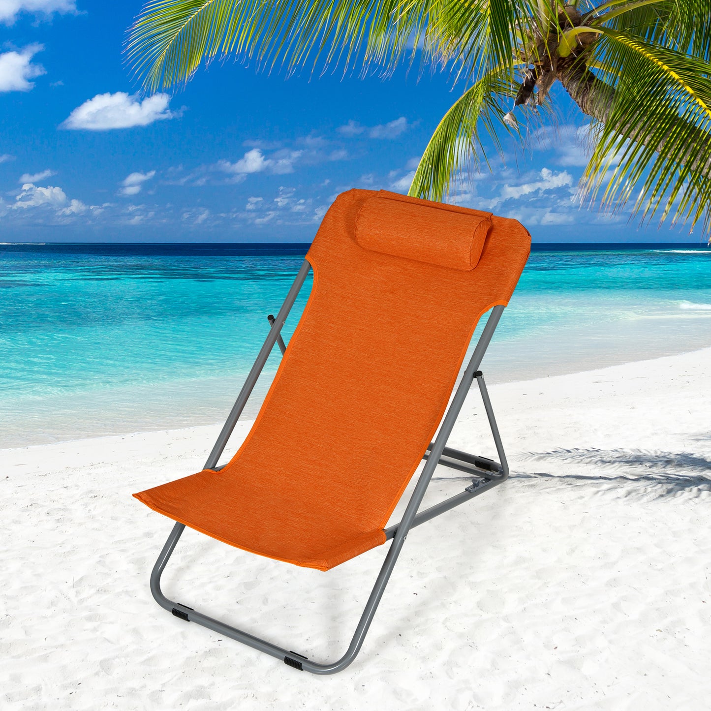 Patiojoy 2 PCS Beach Chair Lounger Reclining Folding Chair w/3-Position Adjustable Backrest Green/Orange/Blue