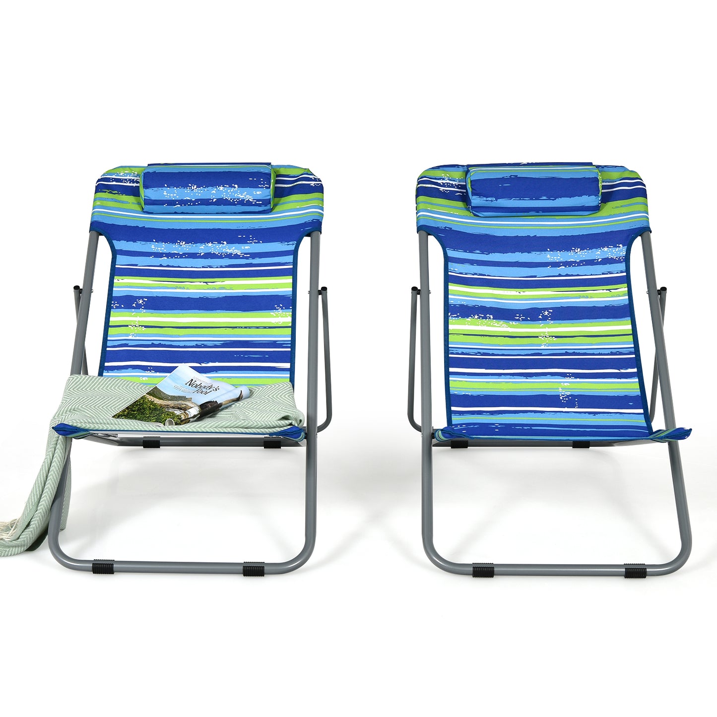 Patiojoy 2 PCS Beach Chair Lounger Reclining Folding Chair w/3-Position Adjustable Backrest Green/Orange/Blue