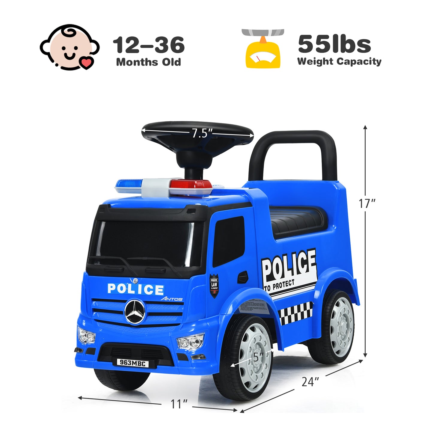 Topbuy Kids Ride On Police Car 2-in-1 Toddler Push Car w/Storage Space Indoor & Outdoor Use Blue