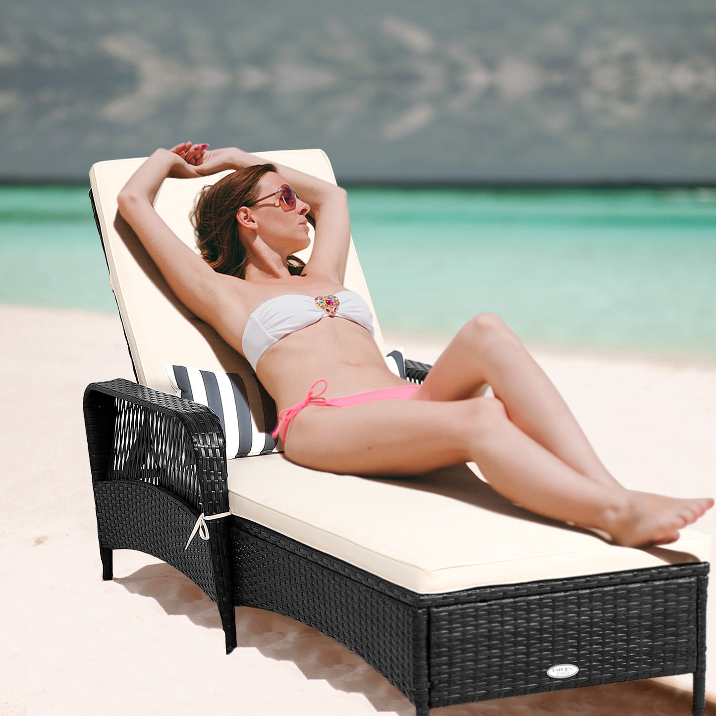 Patiojoy Outdoor Chaise Rattan Lounge Chair Patio Reclining Chair w/6 Positions Adjustable Backrest