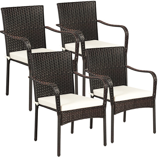 Patiojoy 4 PCS Stackable Rattan Chairs Outdoor Dining Chairs w/Cushion for Porch Yard Garden