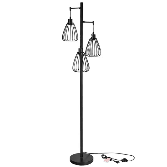 Topbuy Industrial Standing Floor Lamp Black Tree Lamp w/3 Elegant Cage Shade & Step-On Switch