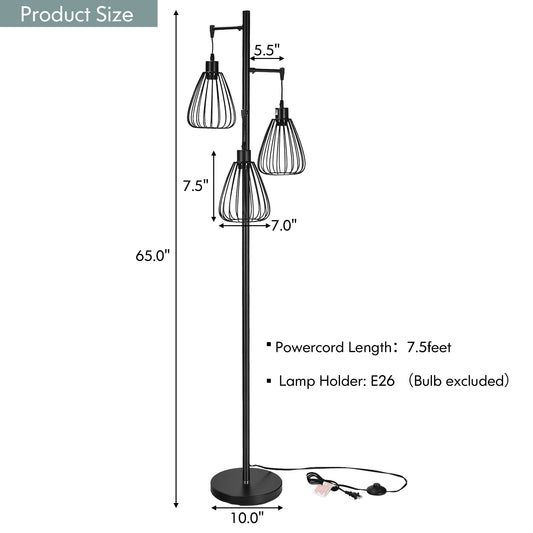 Topbuy Industrial Standing Floor Lamp Black Tree Lamp w/3 Elegant Cage Shade & Step-On Switch