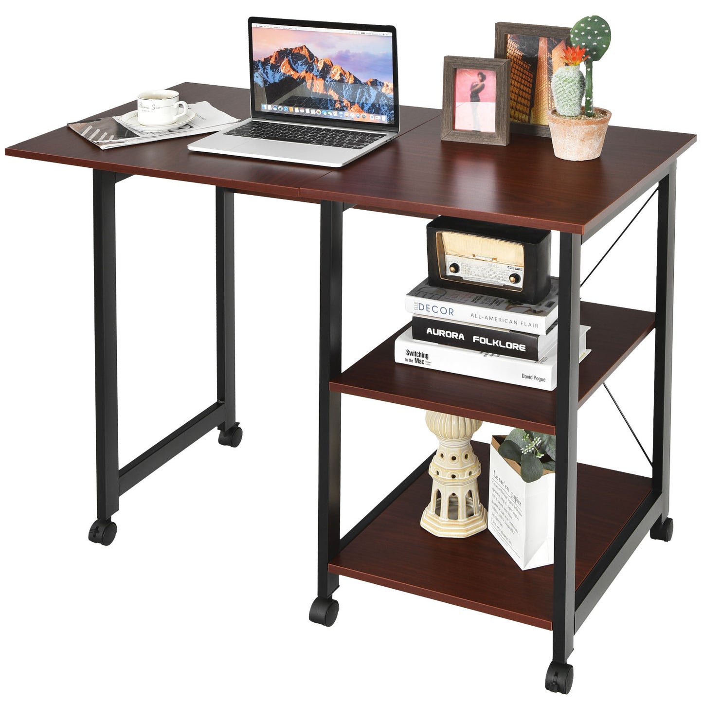 Topbuy Mobile Computer Desk Folding Writing Table w/Wheels & Storage Shelf