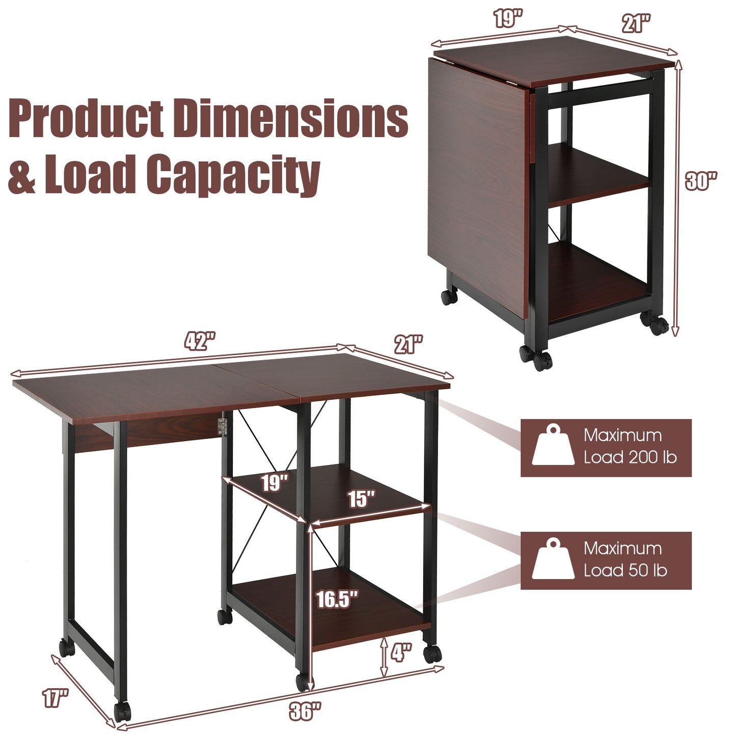 Topbuy Mobile Computer Desk Folding Writing Table w/Wheels & Storage Shelf