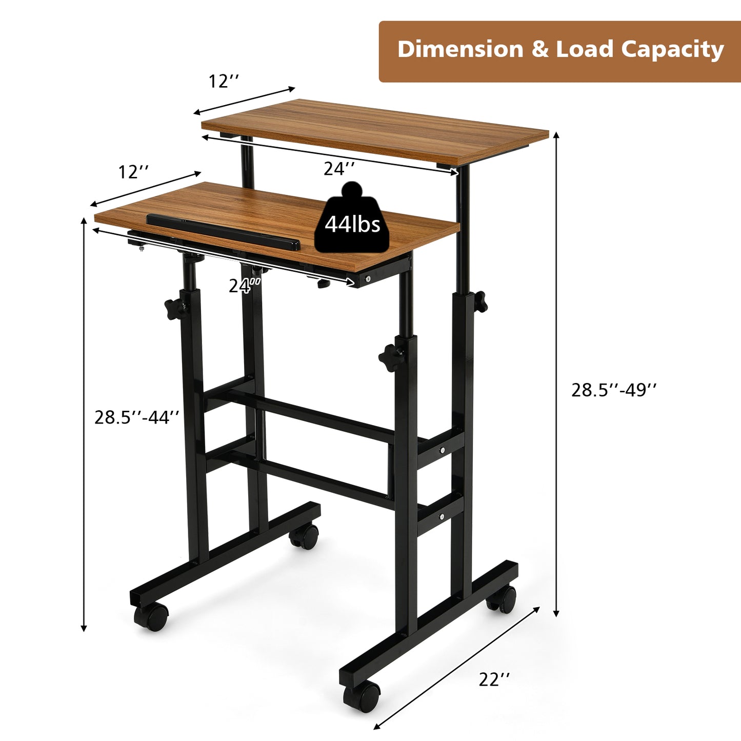 Topbuy Mobile Standing Desk Height Adjustable Stand Up Computer Workstation Rolling Presentation Cart w/Wide Platform Walnut/Natural