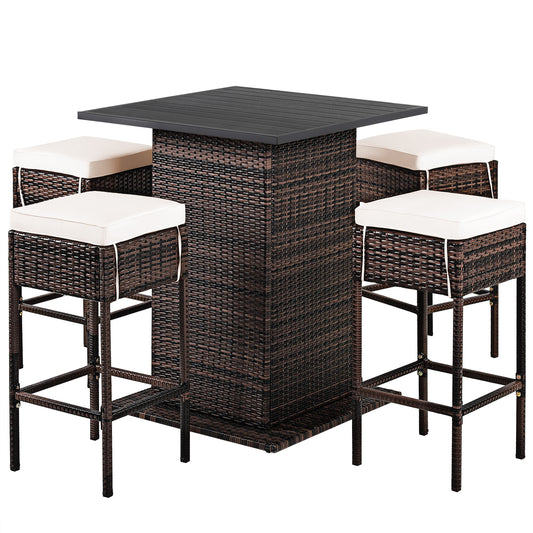 Patiojoy 5 PCS Patio Rattan Conversation Set All weather Wicker Bar Table Stool Set w/Hidden Storage Shelf & Cushions