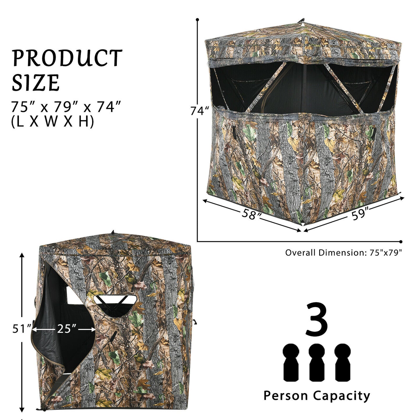 Patiojoy Portable Hunting Ground Blind 3 People Tent for Hunting True Timber Camo