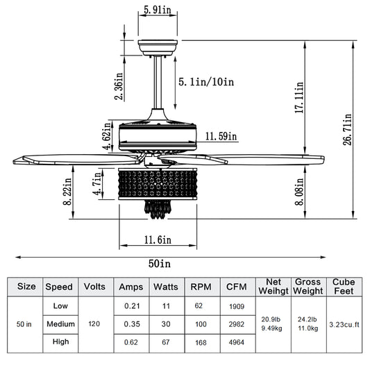 Topbuy 50'' Modern Chrystal Ceiling Fan w/Light & Remote Control for Dinning Room Bedroom