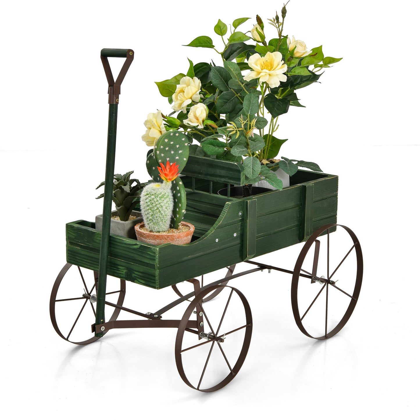 Topbuy Wooden Garden Flower Planter Wagon Wheel Plant Bed Decorative Garden Planter for Backyard Garden