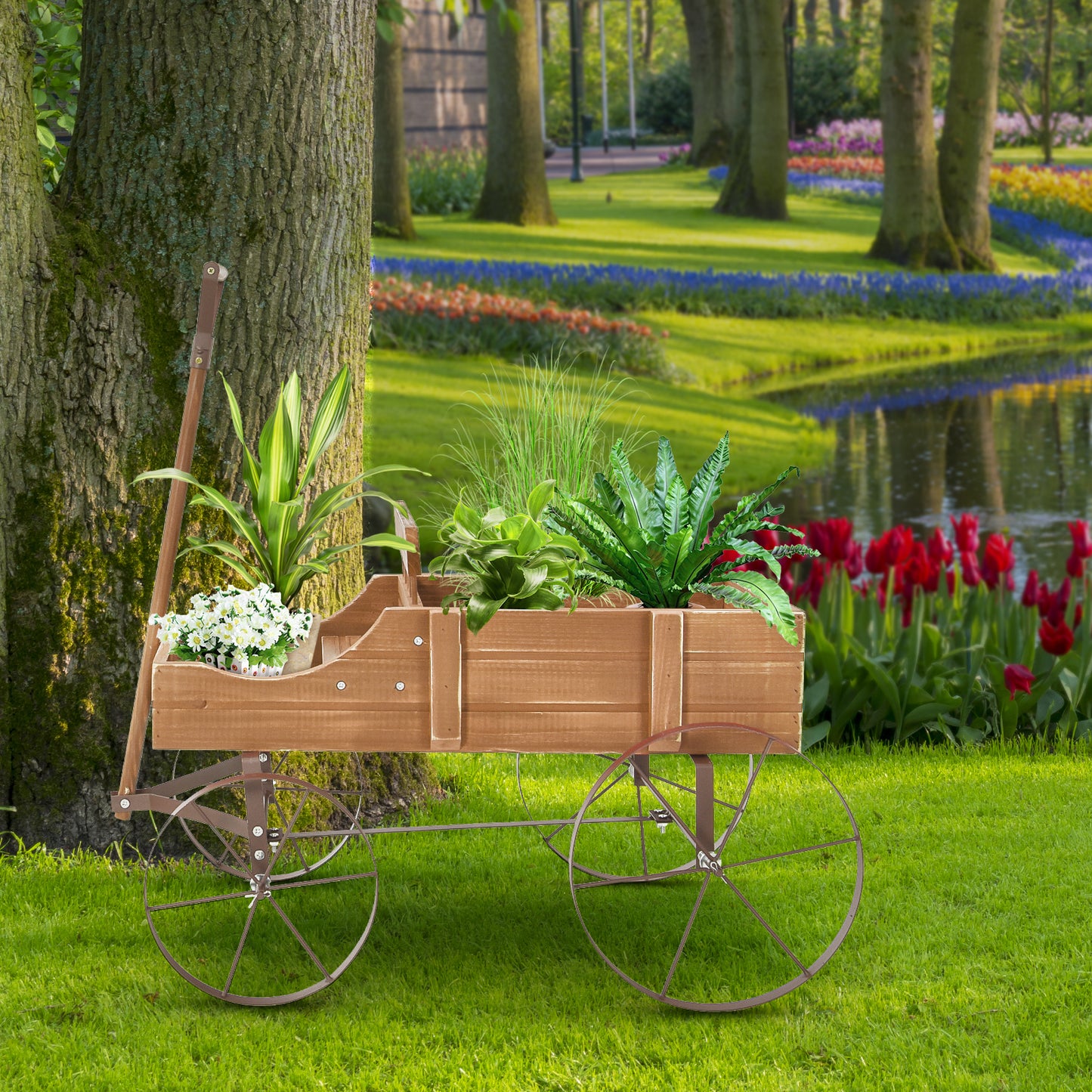 Topbuy Wooden Garden Flower Planter Wagon Wheel Plant Bed Decorative Garden Planter for Backyard Garden