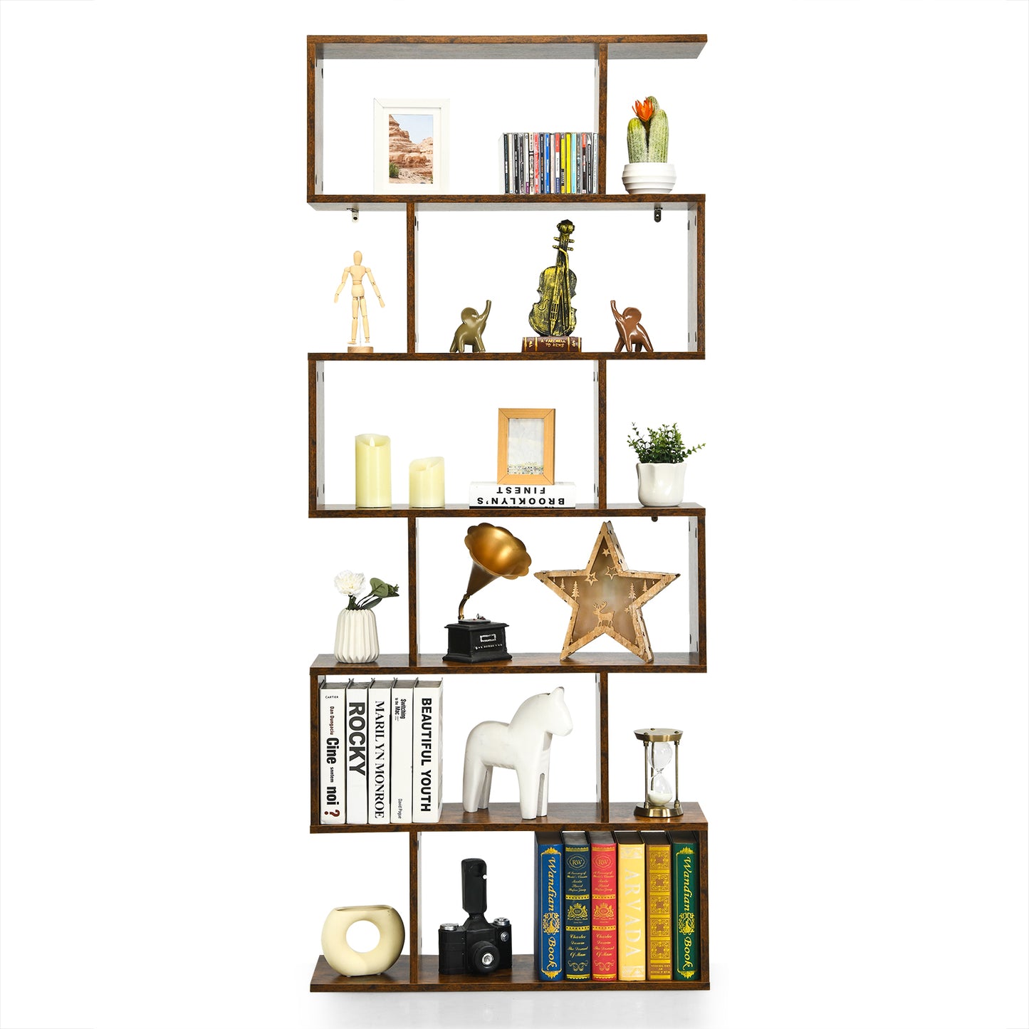 Topbuy 2 PCS 6-Tier S-Shaped Wooden Bookshelf Storage Bookcase Multifunctional  Display Stand Shelf Black/Coffee/White