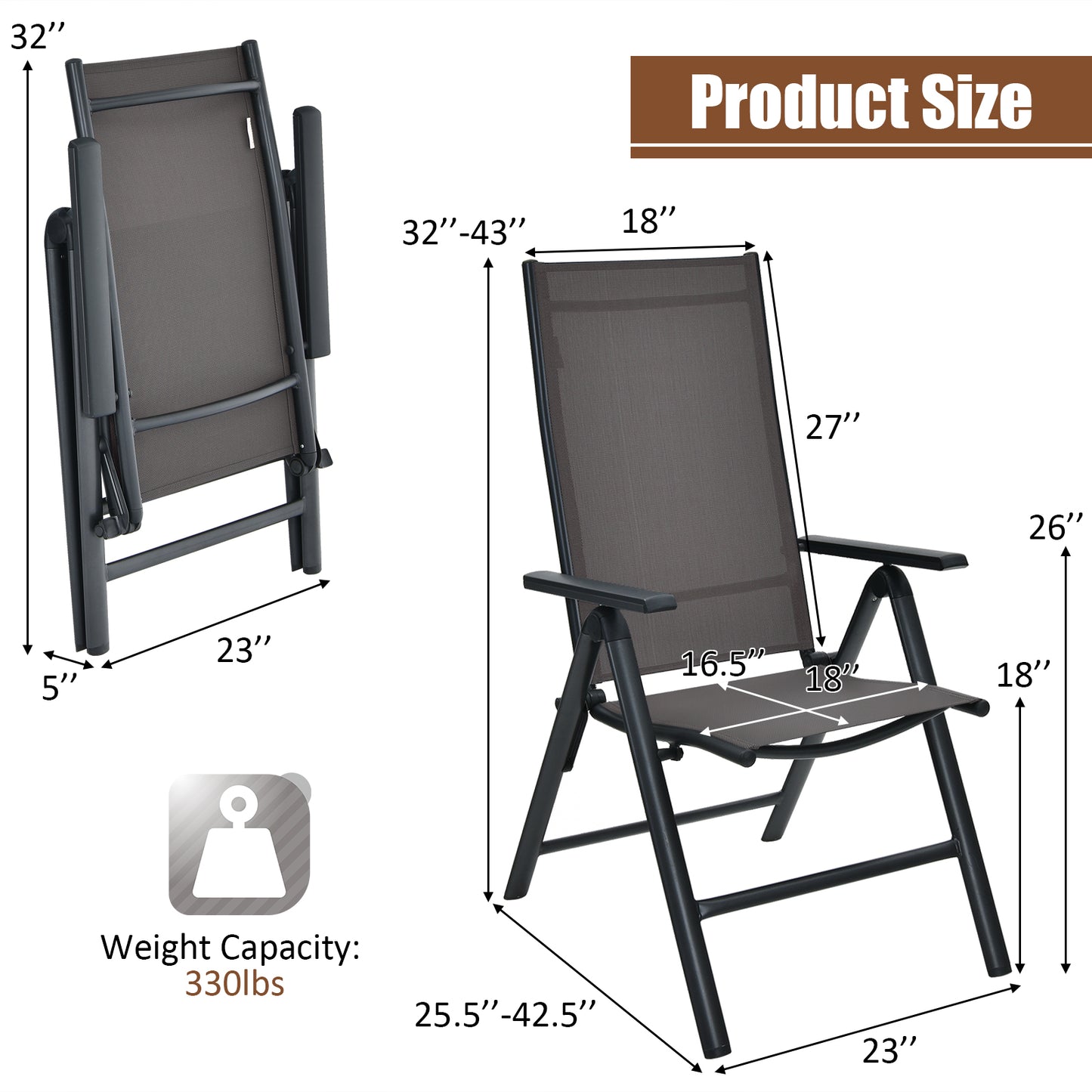 Patiojoy 2 Pack Folding Dining Chairs Adjustable Reclining Back Chairs Suitable for Outdoor & Indoor Gray