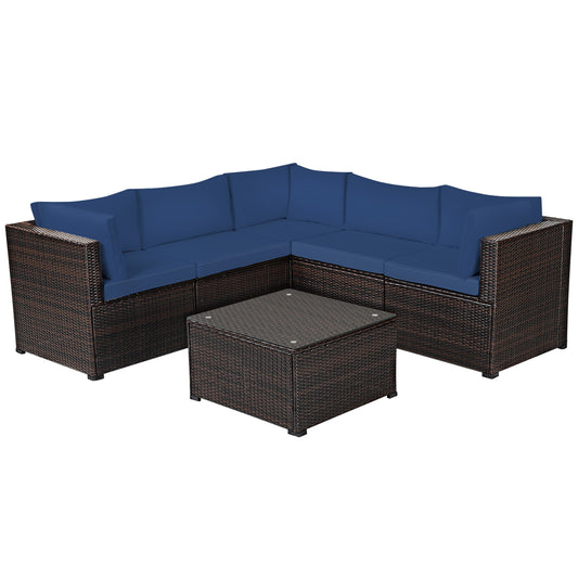 Patiojoy 6 PCS Patio Rattan Furniture Set Outdoor Wicker Conversation Sofa Set w/Tempered Glass Coffee Table Navy/Black/White/Red/Turquoise